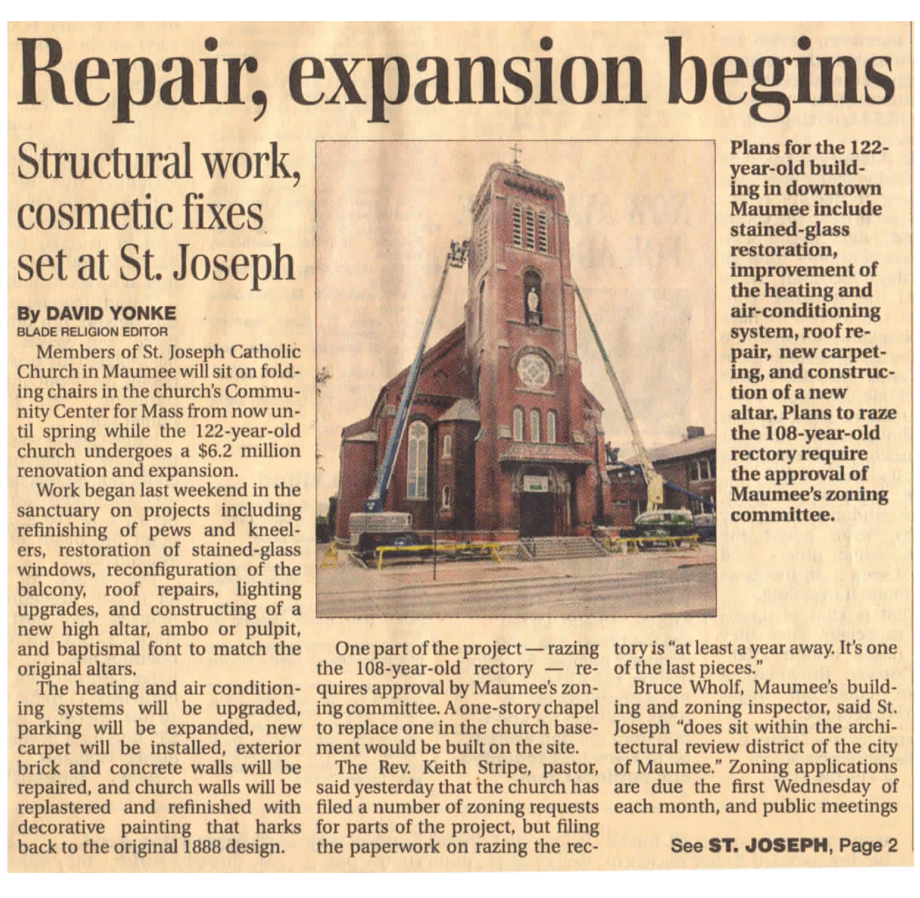 St Joseph Church Maumee Toledo Blade article on the church building renovation