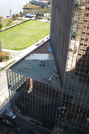 GLCR Edison Deck Restoration appying liquid roofing aerial view toledo downtown